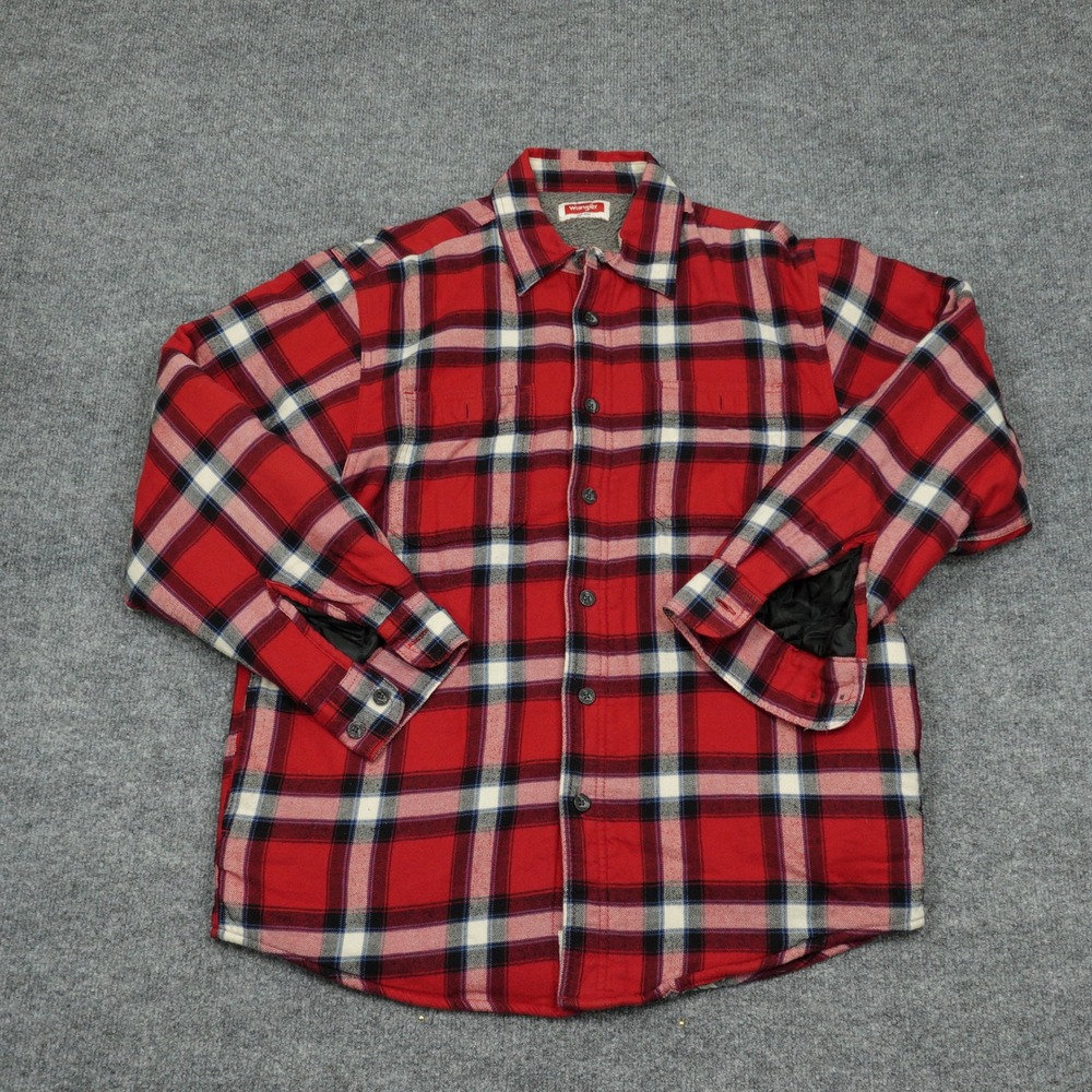 Wrangler Shirt Mens Medium Red Plaid Fleece Lined Flannel Long Sleeve Button